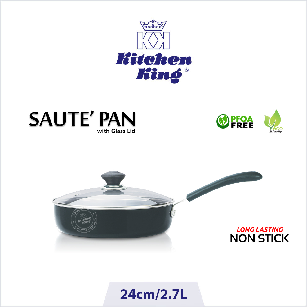 Non stick pots & pans online. Saucepan with glass lid. Sautepan. Kitchen King cookware Saute-Pan-24cm.jpg Cooking pots & pans online in Pakistan. Non stick cookware brand. Saute pan. Non stick sauce pan. sauce pan price. Saucepan with glass lid. Nonstick kitchenware.