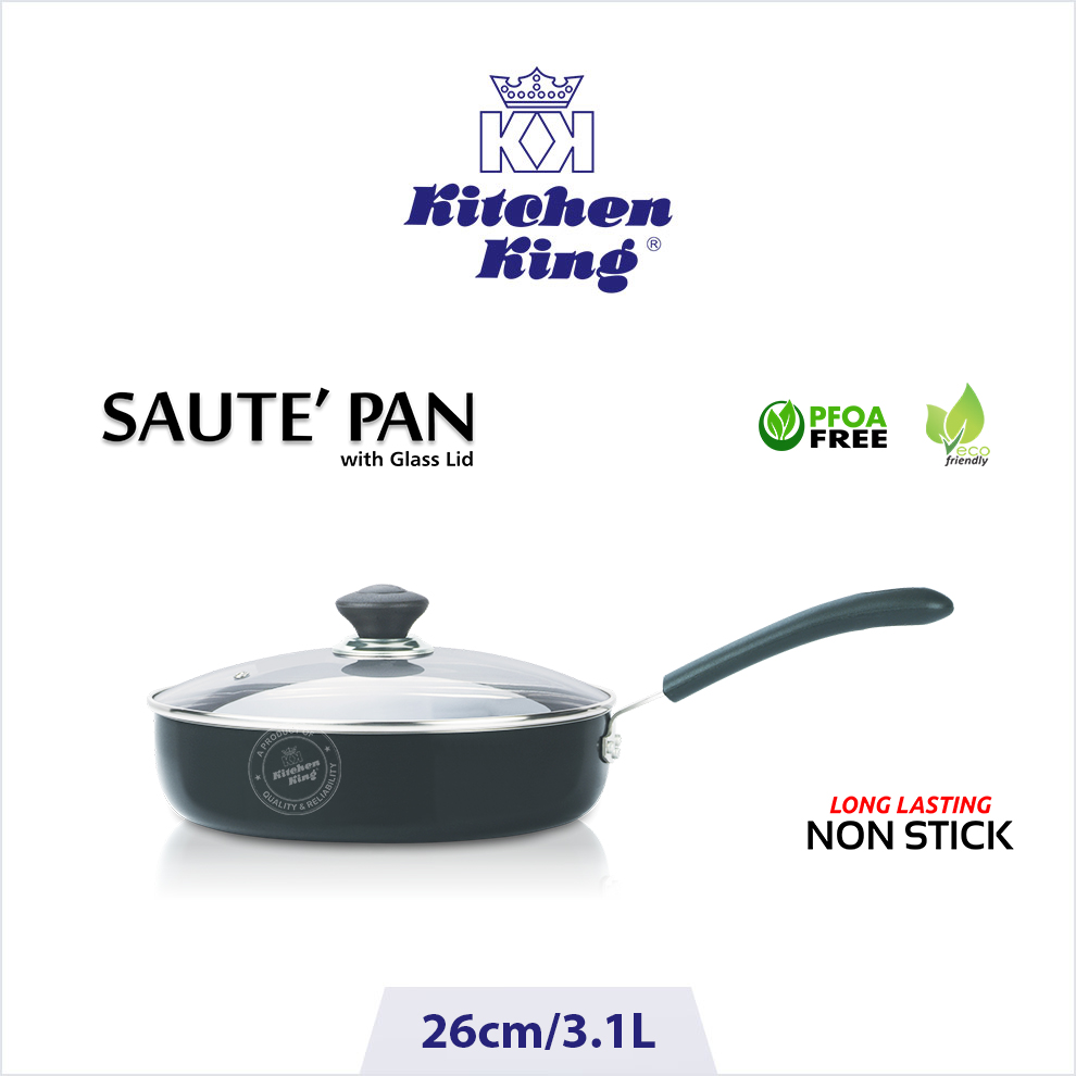 Non stick pots & pans online. Saucepan with glass lid. Sautepan. Kitchen King cookware Saute-Pan-26cm.jpg Cooking pots & pans online in Pakistan. Non stick cookware brand. Saute pan. Non stick sauce pan. sauce pan price. Saucepan with glass lid. Nonstick kitchenware.