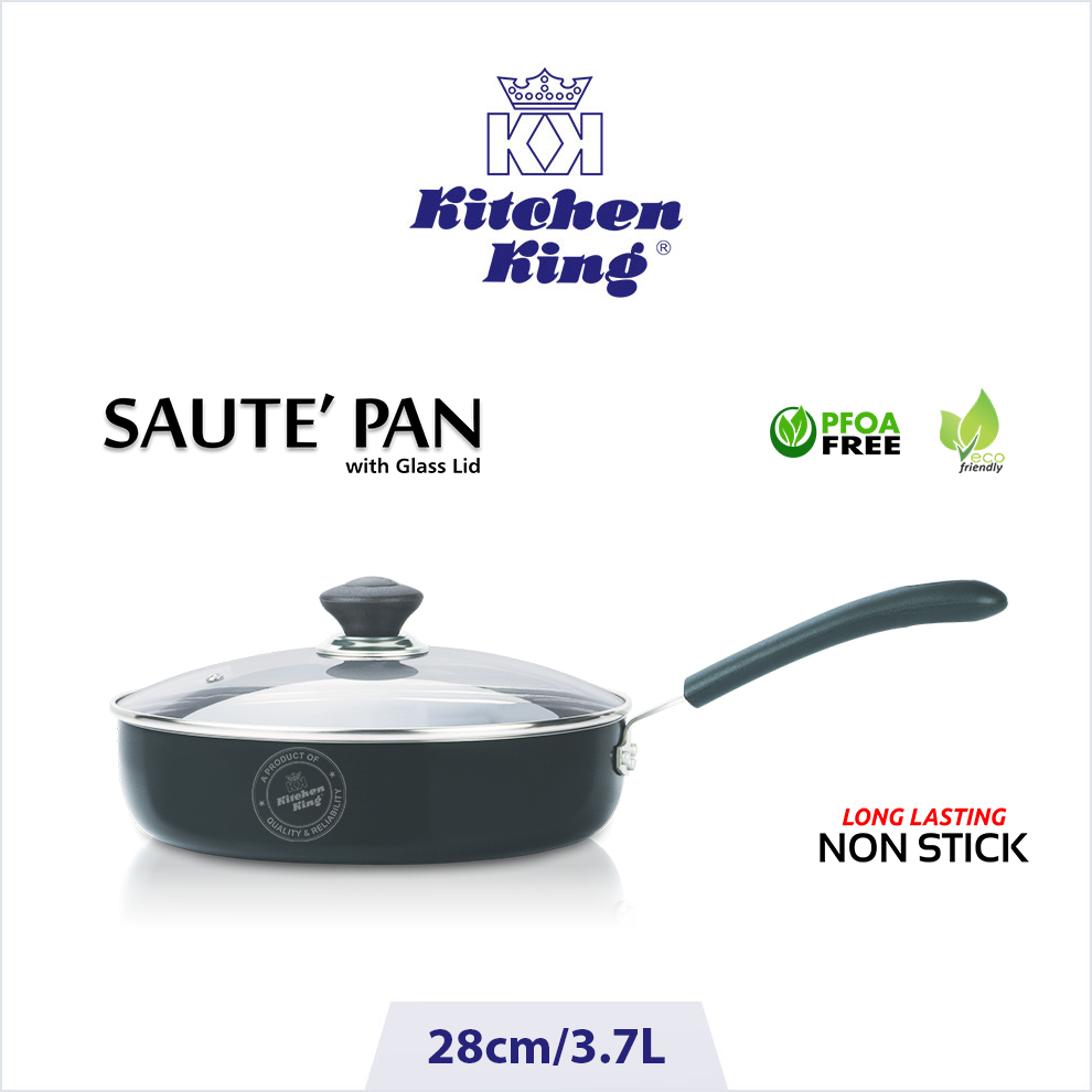 Non stick pots & pans online. Saucepan with glass lid. Sautepan. Kitchen King cookware Saute-Pan-28cm.jpg Cooking pots & pans online in Pakistan. Non stick cookware brand. Saute pan. Non stick sauce pan. sauce pan price. Saucepan with glass lid. Nonstick kitchenware.