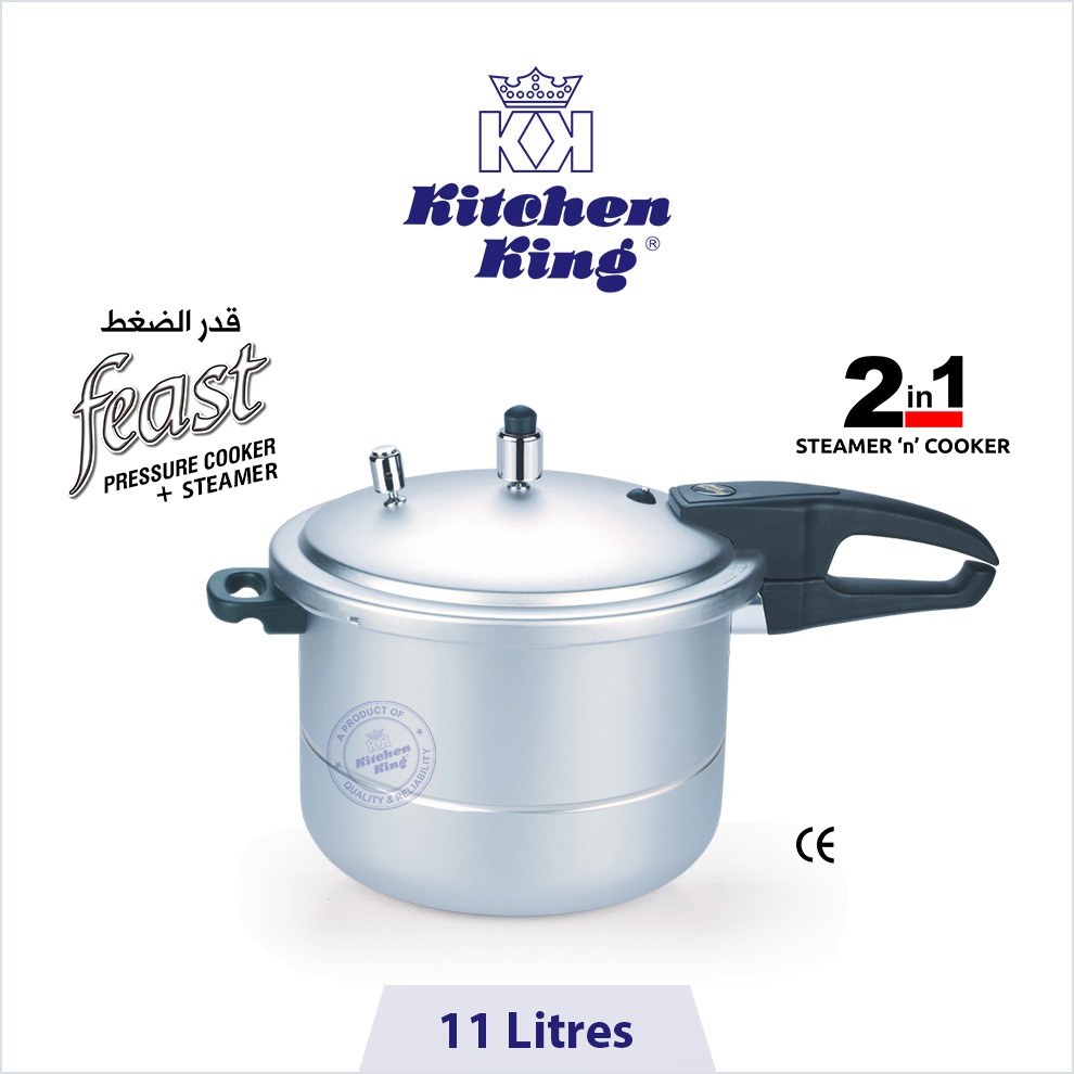 fbest pressure cooker in Pakistan, best quality pressure cooker, blaze + steamer 11 litres, kitchen king cookware Pressure Cooker+Steamer (feast) - 11 Liters - Image 1
