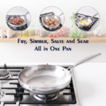 Stainless steel Pro Fry Pan on a gas hob with three circular inset images showing the pan being used to sear steak, fry chicken, and cook sunny-side-up eggs, with fresh ingredients displayed on a wooden shelf in the background