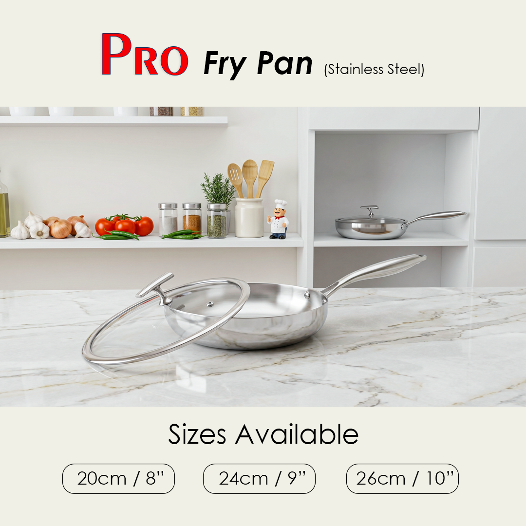 PRO Fry Pan (Stainless Steel) – Available in 3 Sizes: 20cm, 24cm & 26cm Pro Fry Pan in stainless steel with glass lid displayed on a marble countertop in a modern kitchen, with a second pan visible on a shelf in the background, and three available sizes listed: 20cm / 8 inch, 24cm / 9 inch, and 26cm / 10 inch