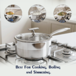 Stainless steel Pro Sauce Pan on a gas hob with three circular inset images showing the pan being used for cooking soup, boiling rice, and steaming vegetables