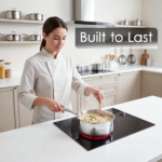 Female chef stirring a creamy sauce in a stainless steel Pro Sauce Pan on an induction hob